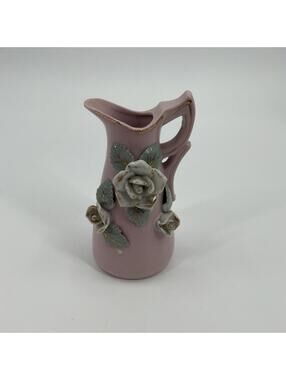 Pink Rose Hand Painted Decorative Pitcher Vase Enesco Japan Vintage